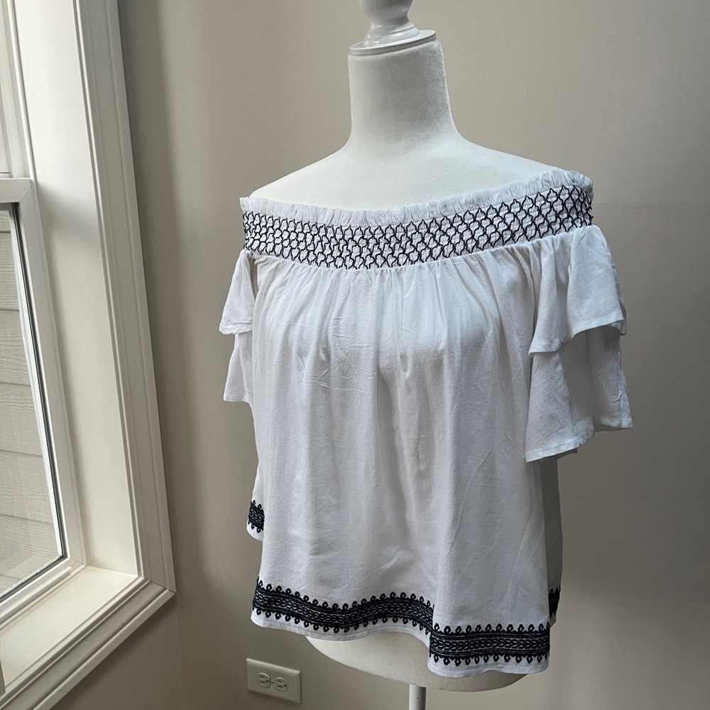 White with Blue Smocking Off-The-Shoulder Embroidered Top